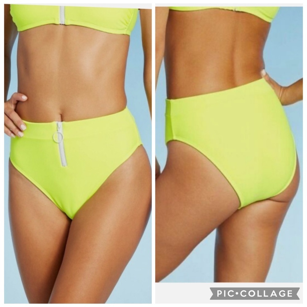 NWT Xhilaration Voltage Neon Yellow Zip Front High-Waisted Bikini Bottom Large